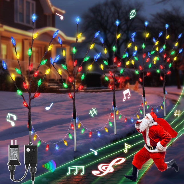 5 Pack Plug in Christmas Pathway Lights with 4 Christmas Theme Music, Waterproof 140 LEDs Multicolor C6 Small Xmas Tree with Stake for Outdoor Garden Yard Lawn Patio Sidewalk Walkway Decoration