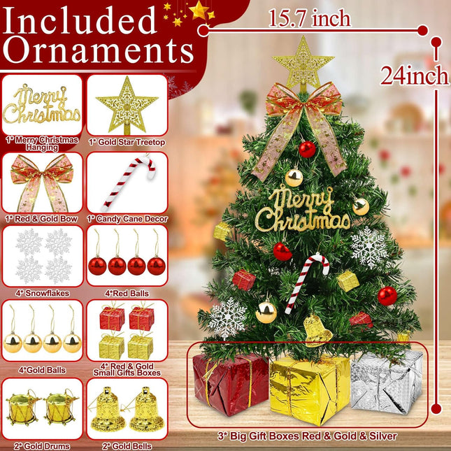 Dual Color Change&Remote Control 24 Inch Tabletop Christmas Tree, 20 LED Warm White&Colored Lights Timer 8 Modes 27 Orantments Star Boxs Mini Small Christmas Tree Xmas Decor Home Holiday Party(Green)