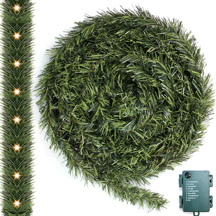 17.7FT Lighted Garland Christmas Decoration, Pre-lit Artificial Indoor Outdoor Christmas Garland for Stairs Railing, Green Holiday Decor for Home Garden.