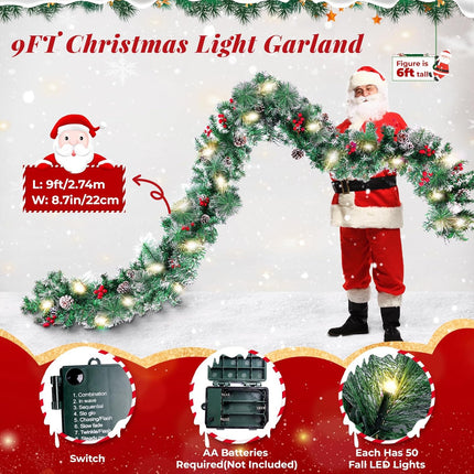 Christmas Garland with Lights, 9FT Artificial Lighted Garland Indoor for Stairs, Fireplace, 50 Lights Green Garland, Pine Cones & Red Berries & Pine Needle