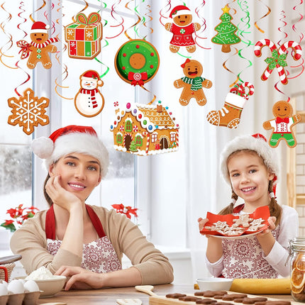 52 Pcs Christmas Gingerbread Man Party Hanging Swirl Decorations, Merry Gingerbread Man Snowflake Christmas Tree Ceiling Hanging Streamers Swirl for Xmas Winter Year Holiday Party Supplies