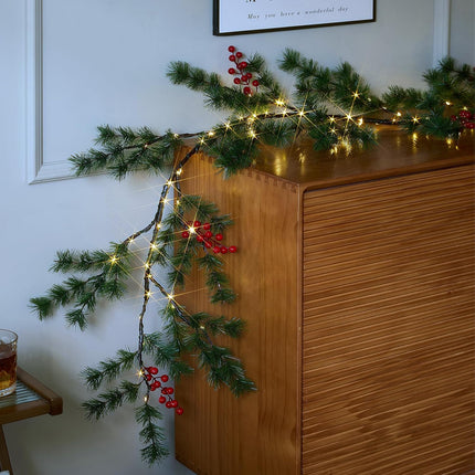 Pine Garland with Lights Christmas Decorations Indoor 100 LED Battery Operated with Timer 6 FT,Vine Lights for Walls Living Room Decor