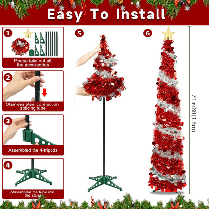 6ft Pop Up Christmas Tree Collapsible Christmas Tree, Instant Red & Silver Tinsel Christmas Tree Foldable, Sim Xmas Pencil Tree for Holiday Party Decor Indoor with Shiny Sequin and Topper Star