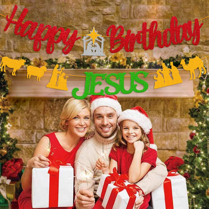 Happy Birthday Jesus Banner for Christian Winter Merry Christmas Garland Jesus's Bday Party Supplies Gold and Green Decorations
