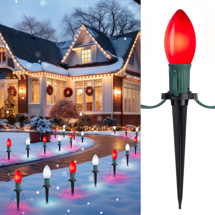 Frosted C9 Christmas Lights Outdoor, 25.7 Ft Christmas Pathway Lights with 20 LED Bulbs and Stakes, Connectable Christmas Yard Decorations Walkway Sidewalk Holiday, Red and White