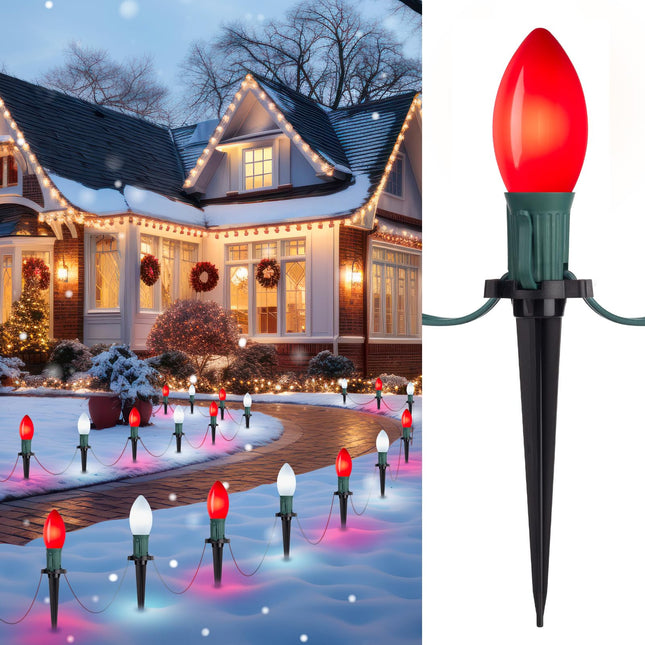 Frosted C9 Christmas Lights Outdoor, 25.7 Ft Christmas Pathway Lights with 20 LED Bulbs and Stakes, Connectable Christmas Yard Decorations Walkway Sidewalk Holiday, Red and White