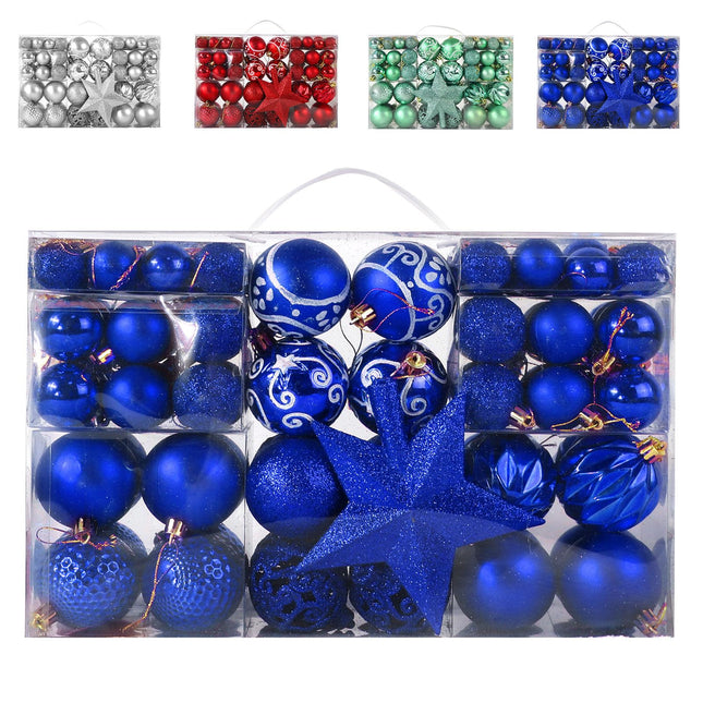 101 Piece Christmas Balls Ornaments Luxury Set Xmas Tree Topper and Hang Rope, Emopeak Christmas Baubles - Shatterproof Mini Holiday Balls for Christmas Decorations (Multi Size, Blue)