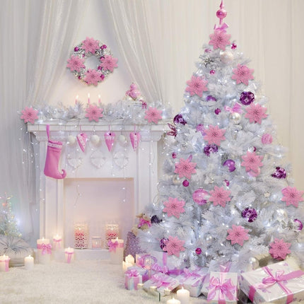 TURNMEON 24 Pack 6 Inch Pink Christmas Glitter Poinsettia Artificial Silk Flowers Picks Christmas Tree Ornaments for Pink Christmas Tree Wreaths Garland Holiday Decoration (Pink)