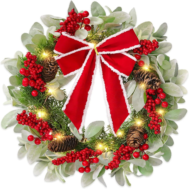 N&T NIETING 20 Inch Christmas Wreath with Lights for Front Door Pre-lit Wreaths with Bow Berries Pinecones Battery Operated 8 Lighting Modes Timer for Kitchen Wall Fireplace Indoor Outdoor Xmas Decor