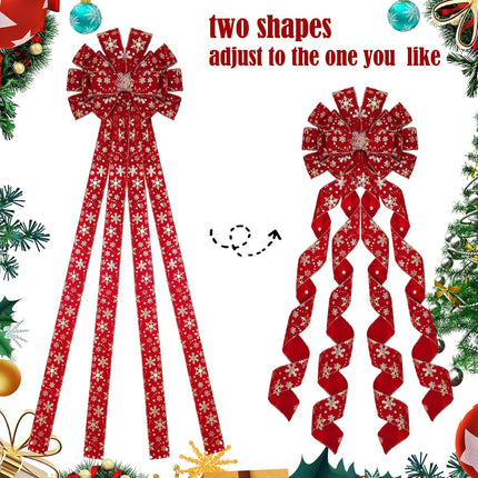 Riceshoot Extra Long Christmas Tree Topper 13 x 53 Inch Large Red Ribbon Topper Bow for Wreath White Snowflake Burlap Bow for Christmas Xmas Tree Decoration Front Door Home Holiday Decor(Christmas)