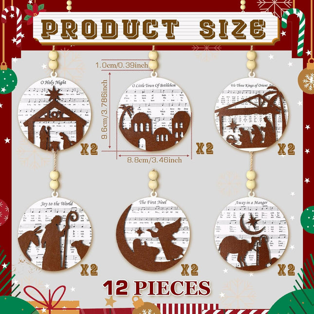 12 PCS Nativity Scene Wooden Christmas Ornaments Set, Religious Christmas Tree Ornaments Music Christmas Decorations, Hanging Xmas Tree Ornaments Bulk Christian for Family