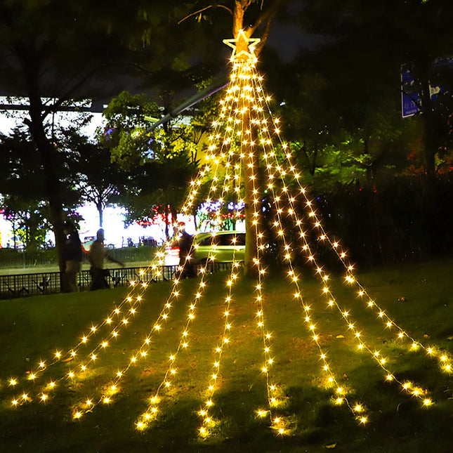 Christmas Decorations Star String Lights, 320 LEDs Outdoor Waterfall Tree Lights with 13" Topper Star, Plug in Waterproof Hanging Fairy Lights for Xmas Year Holiday Party Yard Decor (Warm White)