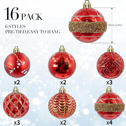 Pack of 16 Shatterproof Hanging Christmas Tree Balls with Hooks - 2.36 Inches Ball Ornaments for Xmas Tree Decoration, Red Gold Plastic Ball Baubles for Xmas Tree Wreath Garlands Party Decorations