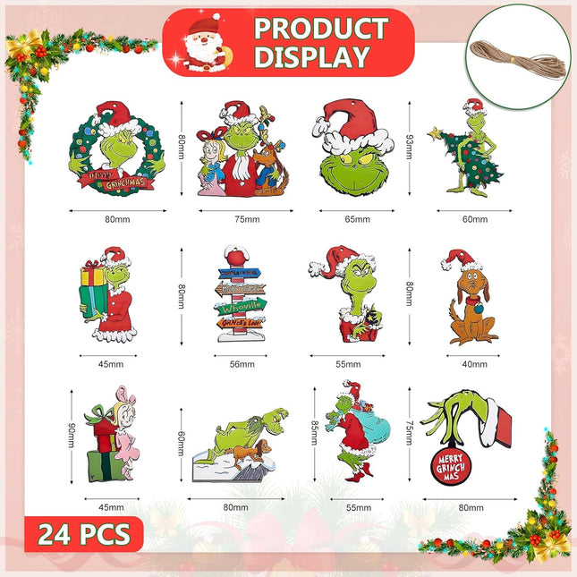 24PCS Grinchs Christmas Decorations,Unique Wooden Christmas Hangings Ornaments for Christmas Tree Topper, Xmas Tree Decor for Indoors Home Party Decor