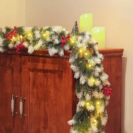 Christmas Garland with 50 LED Lights-6Ft Garland Christmas Decorations 8 Modes Pine Needles Per-Lit Christmas Garlands Red Berries Pine Cones Battery Operated Xmas Garland for Mantel Stairs Fireplace