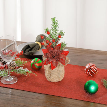U'Artlines 2Pcs Artificial Christmas Tabletop Decorations, 12.6 Inch Mini Artificial Christmas Tree with Poinsettia Flower Red Berry Pine Branch for Home Table Xmas Party Decoration