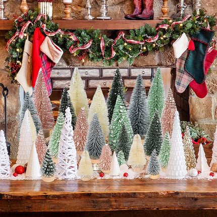 25 Pieces Artificial Frosted Sisal Christmas Tree, Bottle Brush Trees with Wood Base DIY Crafts Mini Pine Tree for Christmas Home Table Top Decor Winter Ornament (Pink)