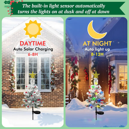 OurWarm 2Pcs Solar Christmas Tree Outdoor Christmas Decorations, 30Inch Flocked Christmas Tree with 40 LED, Prelit Mini Small Christmas Tree with Lights for Grave Cemetery Pathway Garden Yard Decor