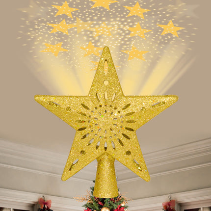 Christmas Tree Topper Lighted, Christmas Star Tree Topper Built-in LED Rotating Lights, Plug-in Christmas Tree Ornament for Crown Christmas Tree