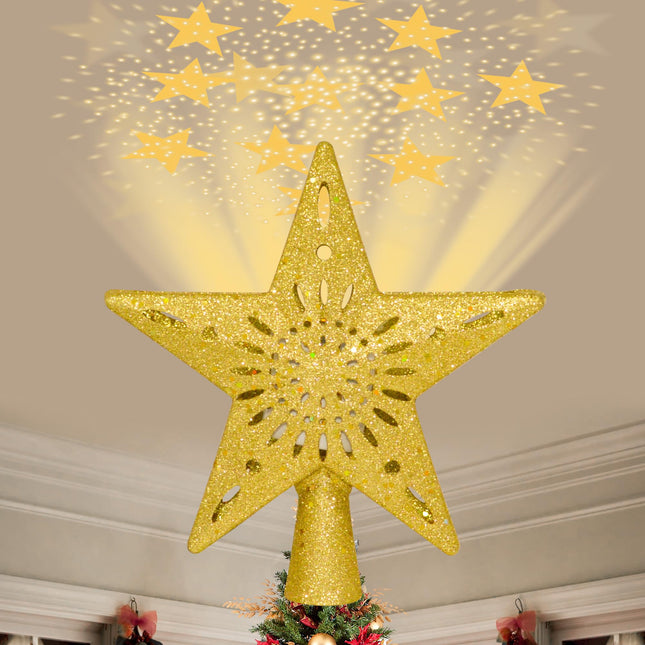 Christmas Tree Topper Lighted, Christmas Star Tree Topper Built-in LED Rotating Lights, Plug-in Christmas Tree Ornament for Crown Christmas Tree
