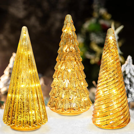 3pcs Lighted Golden Glass Christmas Trees, Glass Christmas Trees, Powered by Batteries，Christmas Table Decorations Lighted Xmas Tree for Living Room Fireplace Tabletop Party