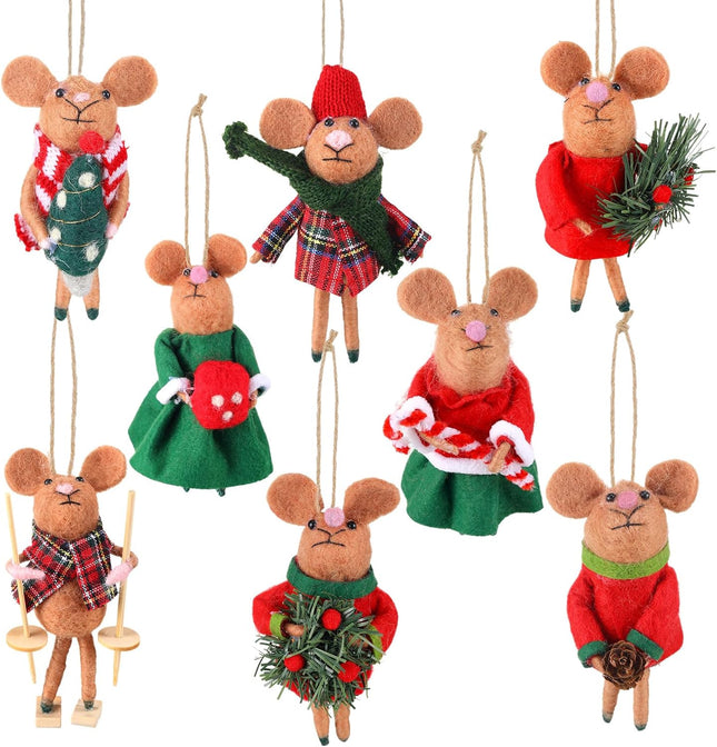 Mumufy 8 Pcs Christmas Felt Mice Ornaments Xmas Vintage Wool Felt Mouse Hanging Decor Green Red Felt Animal Crafts Handcraft Cute Christmas Tree Wreath Decorations for Home Party Supplies