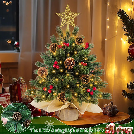 2 Pack 18 Inch 60 LED Realistic-Feel PE Thick Tabletop Christmas Tree Warm Lights with Timer Battery Operated Cedar Norfolk PE Pine Spruce Mini Small Christmas Tree Red Berry Pinecone Star Xmas Decor