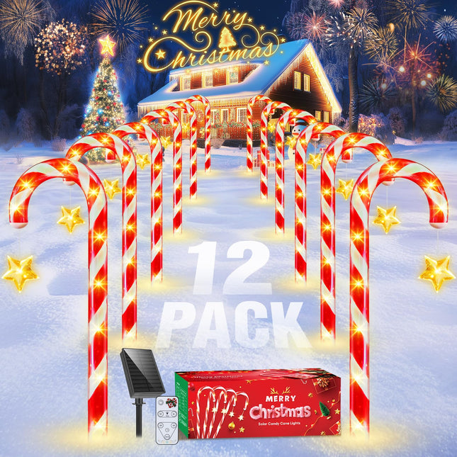 Outdoor Christmas Decorations: 12 Pack Solar Christmas Candy Cane Lights Waterproof, Christmas Pathway Lights with Remote Control & 8 Modes, Christmas Outdoor Decorations for Yard, Walkway Xmas Decor