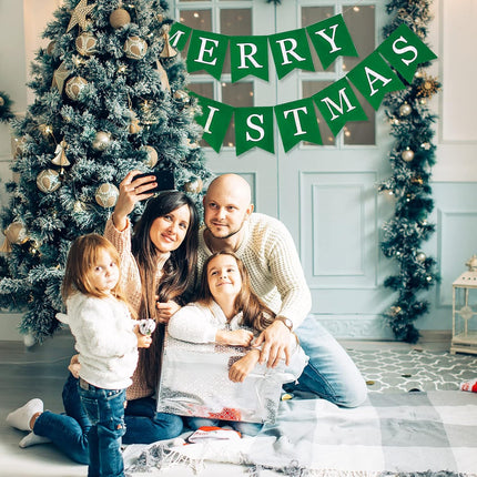 Whaline Christmas Burlap Banner Canvas Merry Christmas Green Banner Bunting Garland Pre-Assembled Hanging Xmas Decorations for Christmas Party Supplies Home Fireplace Wall