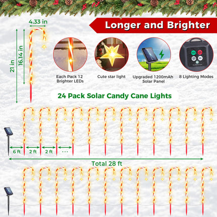 FunFanso 24 Pack Christmas Decorations Outdoor Candy Cane Lights, 288 Bright LED d Solar Christmas Pathway Lights Waterproof with Star, 8 Modes 21" Candy Xmas Lights Yard Outside Decorations