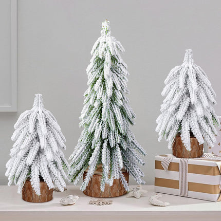 Iceyyyy 3 Pcs Snow Tabletop Christmas Trees,2 Size Snow Flocked Mini Tabletop Pine Trees with Wooden Base,Artificial Desk Christmas Trees for Xmas Holiday Home Party Table Decorations