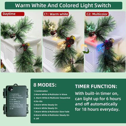 6FT Dual Color Changing Smokey Christmas Garland with Lights Timer 8 Mode, Prelit Natural Rustic Cedar Pine Garland with Warm White & Colorful Lights Pine Cones Berry Bell for Mantle Fireplace Stairs
