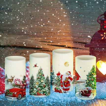 4 Pieces Christmas Flameless Candles Snowman Santa LED Pillar Candles Red Truck Reindeer Christmas Decal Battery Operated Candles White Warm Light for Xmas Tree Winter Holiday Party Decoration
