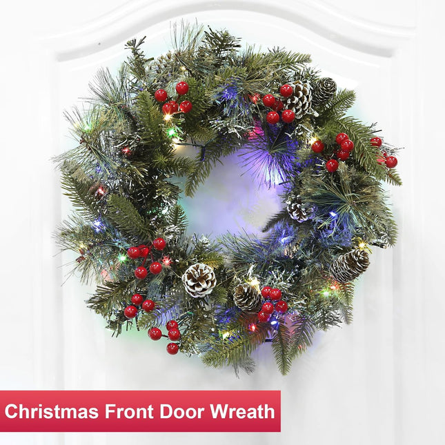 Pre-Lit Artificial Christmas Wreath for Front Door with Timer 8 Modes 30 Warm White & Multicolored Lights, 16'' Lighted Christmas Door Wreath Snowy Pine Cones Red Berried for Wall Home Indoor Outdoor