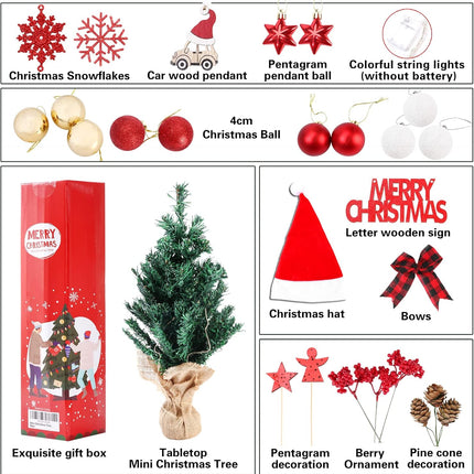 BSTCRAFT Mini Christmas Tree, 22 inches, Green, Artificial Tree with Lights, Santa Christmas Hat, Mini Christmas Ornaments for Tabletop Decorations