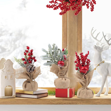 Fangoo 6pcs Mini Artificial Christmas Tree with Pine Cone Red Berry Desktop Tree with Linen Base Artificial Frost Trees Xmas Tree for Office Desks and Christmas Party Decorations
