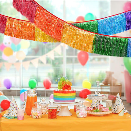 LOLStar Rainbow Foil Fringe Garland Party Decorations, 6 Feet Rainbow Tinsel Metallic Glitter Banner, Hanging Rainbow Table Skirts for Birthday Wedding Christmas Pride Month Parade Floats Decor