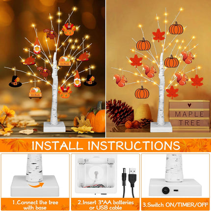 [Timer] Thanksgiving Birch Tree Lights, 24" Lighted Birch Tree with 24 PCS Fall & Thanksgiving Hanging Ornaments, Battery Operated BirchTree Fall Thanksgiving Decorations Indoor Table Bedroom Home
