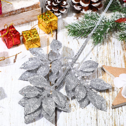 Chuangdi 30 Pcs Christmas Glitter Picks 12 Inch Artificial Xmas Tree Sprigs and Twigs Glitter Spray Christmas Trees Leaves Plastic Xmas Decoration Fake Bunch Stem for DIY Garland Wreath(Silver)