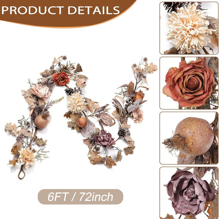 Artgar 6 FT Fall Garland - Fall Leaf Garland, Magnolia Pomegranate Garland with Pine Cones for Fall Harvest Thanksgiving Farmhouse Decorations, Dining Table Mantle Fireplace Porch Indoor Outdoor Decor