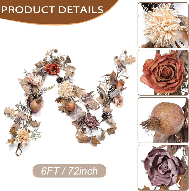 Artgar 6 FT Fall Garland - Fall Leaf Garland, Magnolia Pomegranate Garland with Pine Cones for Fall Harvest Thanksgiving Farmhouse Decorations, Dining Table Mantle Fireplace Porch Indoor Outdoor Decor