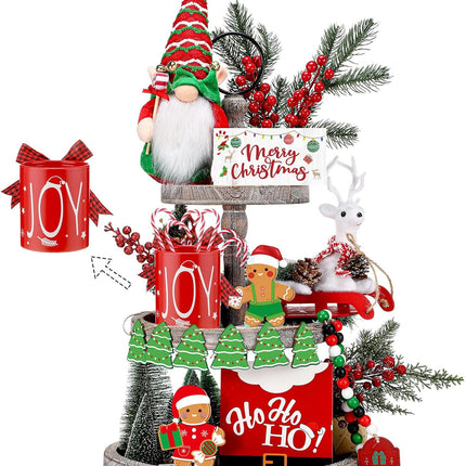 23 Pcs Christmas Tiered Tray Decorations, Gnome Plush 12oz Red Joy Mug Gingerbread Man Xmas Tree Bead Garland Candy Cane Merry Christmas Wooden Tray Signs for Xmas Farmhouse Home Table Decoration