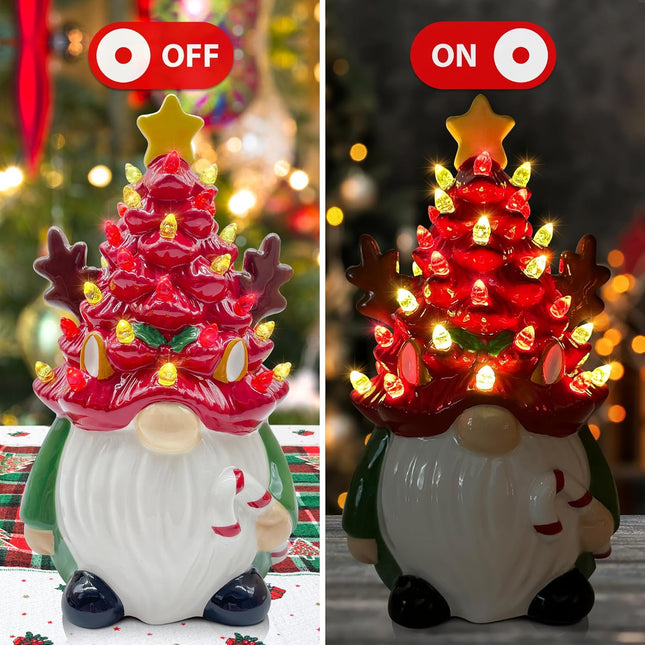 pinata Deer Ceramic Christmas Tree Gnomes, Christmas Kids Women s Lighted Small Christmas Tree Christmas Decorations Indoorhome Room Table Top, LED Farmhouse Reindeer Decor Figurine (Red Green)