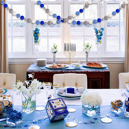 Hanukkah Pom Pom Garlands - Hanukkah Decorations - Chanukah Blue Dark Blue Grey Silver Bead White Felt Ball Garlands for Home Tree Mantle - Chanukah Jewish Party Indoor Outdoor Hanging Decor