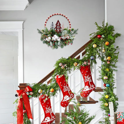 16” Welcome Wreaths for Front Door Wooden Beads Christmas Decoration Wreath with Lamb's Leaves Pine Needles Cotton Farmhouse Welcome Sign for Walls, Farmhouses, Holiday Party, Indoor Decorations