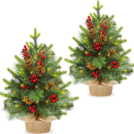 2 Pack 22 Inch Table top Christmas Tree with 60 LED Lights Timer, Realistic-Feel PE Artificial Small Christmas Trees Warm White Lights Pine Cones Red Berried, Xmas Mini Tree for Indoor Home Holiday