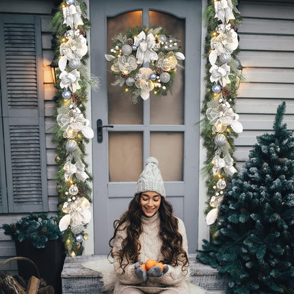 Pre-lit 6 feet Winter White Silver Christmas Garland Decor 20 LED Lights,Garland with Balls and Ribbon Bow,Xmas Decoration on Mantle Fireplace Front Door Indoor Outdoor,Battery Operated