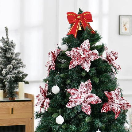 Large Christmas Poinsettias 6 Pcs Snow Decorated Christmas Tree Flowers Artificial Flower Picks Ornaments for Christmas Tree Wreath Decoration (Red/White)