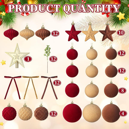 95 PCS Velvet Christmas Tree Decorations Set, 70 Assorted Velvet Flocked Ball Ornament 12 Velvet Bow 1 Top Star 12 Glitter Berry Stems for Xmas Holiday Tree Wreath(Wine Red, Brown, Khaki)
