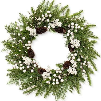 Outdoor Christmas Wreath 22 Inch Winter Wreaths for Front Door Artificial Norfolk Pine Wreath with White Berries and Pine Cones for Xmas Holiday Decoration
